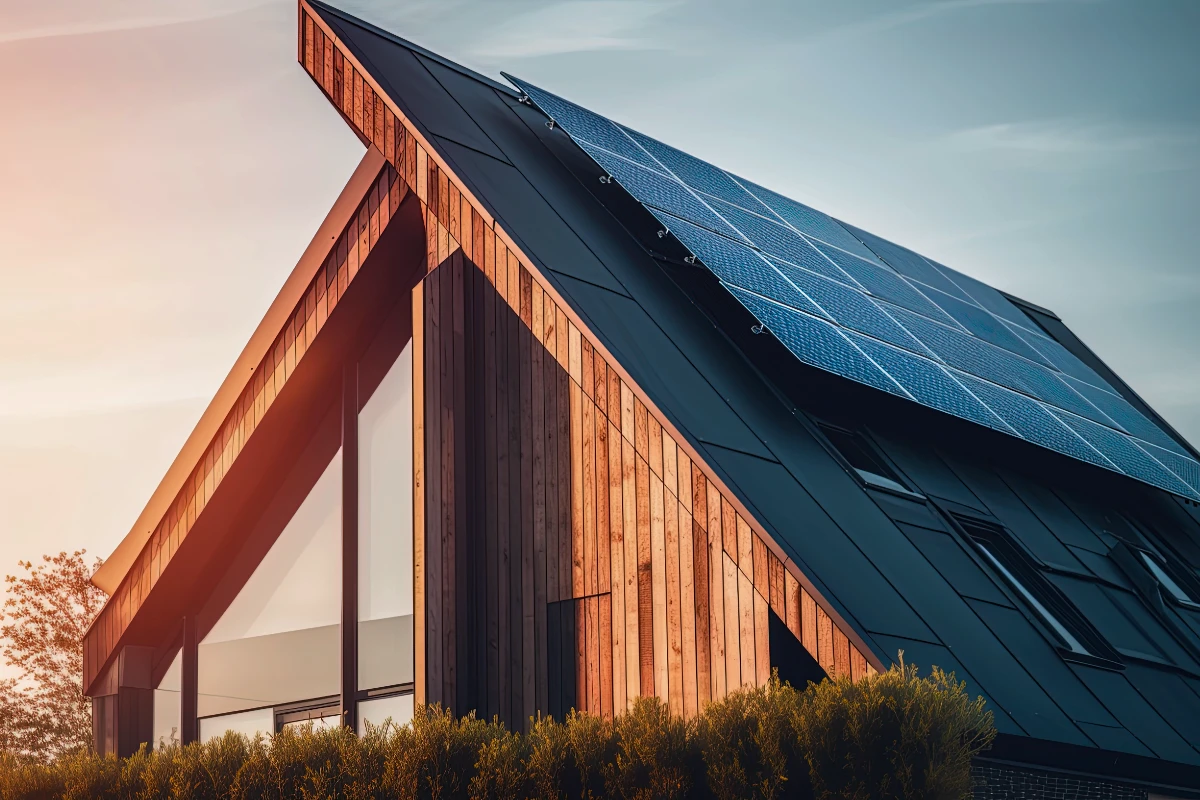 a modern cabin with solar panels on the roof